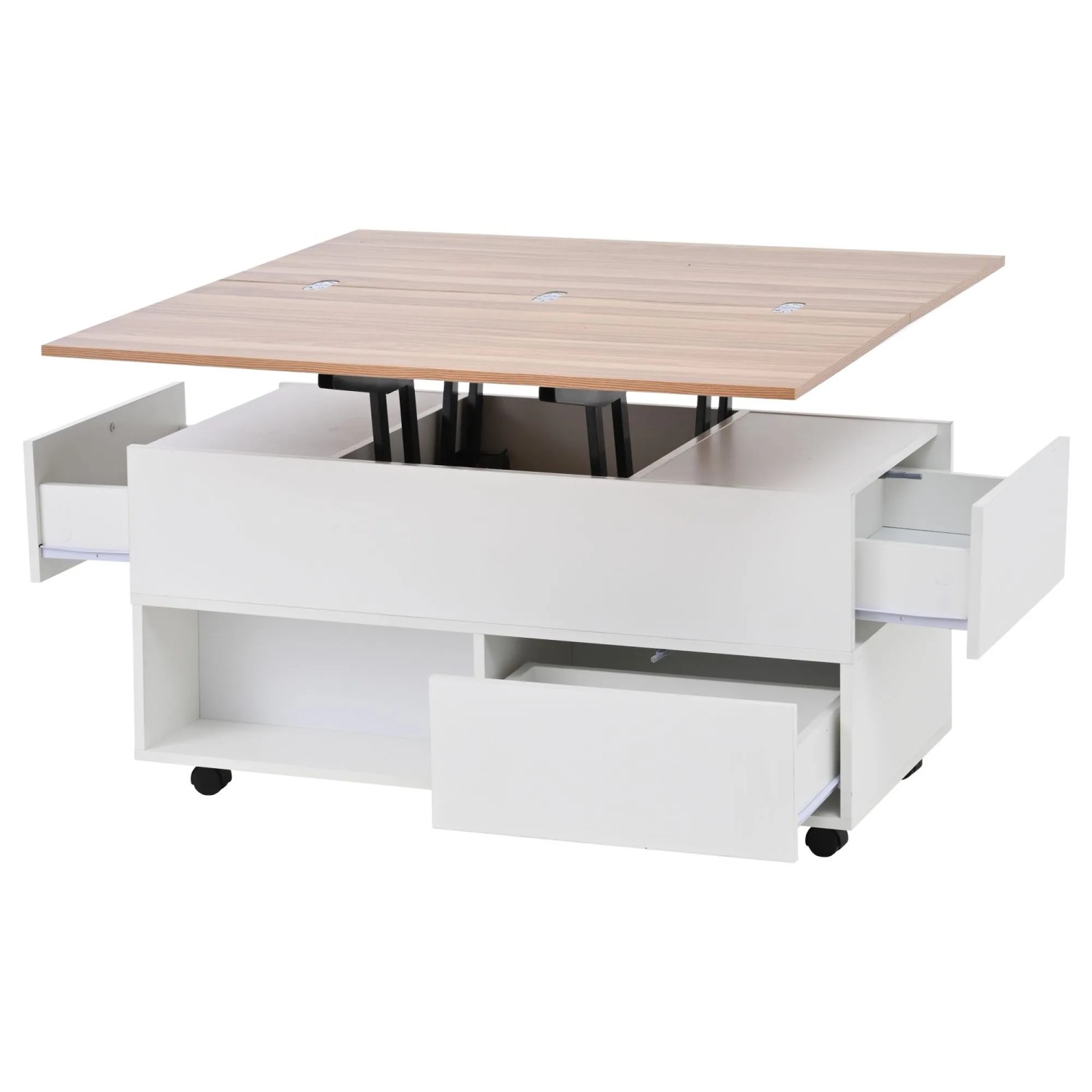 okwish Couchtisch mit Rollen Schubladen Höhenverstellbar Stauraum 100x50x52cm Weiß Natur