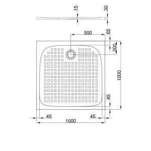 Technische Zeichnung einer quadratischen, weißen pianura Duschwanne Emilia 100x100 cm mit Antirutsch.
