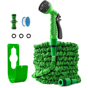 Fepro flexibler Gartenschlauch 7.5m mit Brause, Wandhalterung und Zubehör.