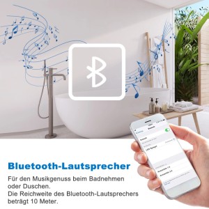 Hand verbindet Smartphone mit Bluetooth Badspiegel für Musikgenuss. Musiknoten schweben über der Badewanne im Badezimmer.