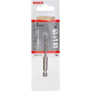 Bosch Holzspiralbohrer, 3 mm Durchmesser, 1/4 Zoll Sechskantschaft, in Verpackung.