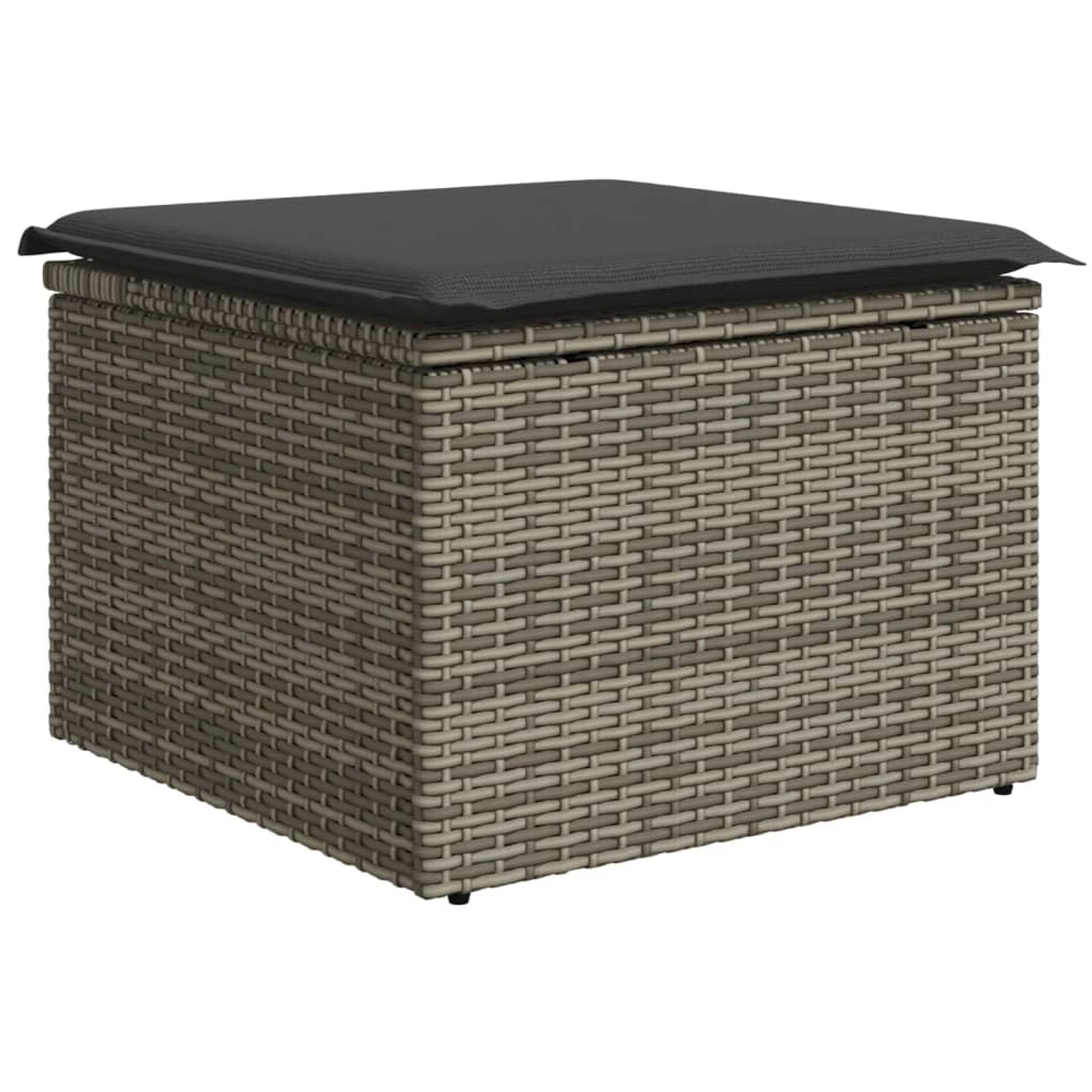 Grauer Poly Rattan Gartenhocker mit dunklem Kissen, Teil der vidaXL Garten-Sofagarnitur.