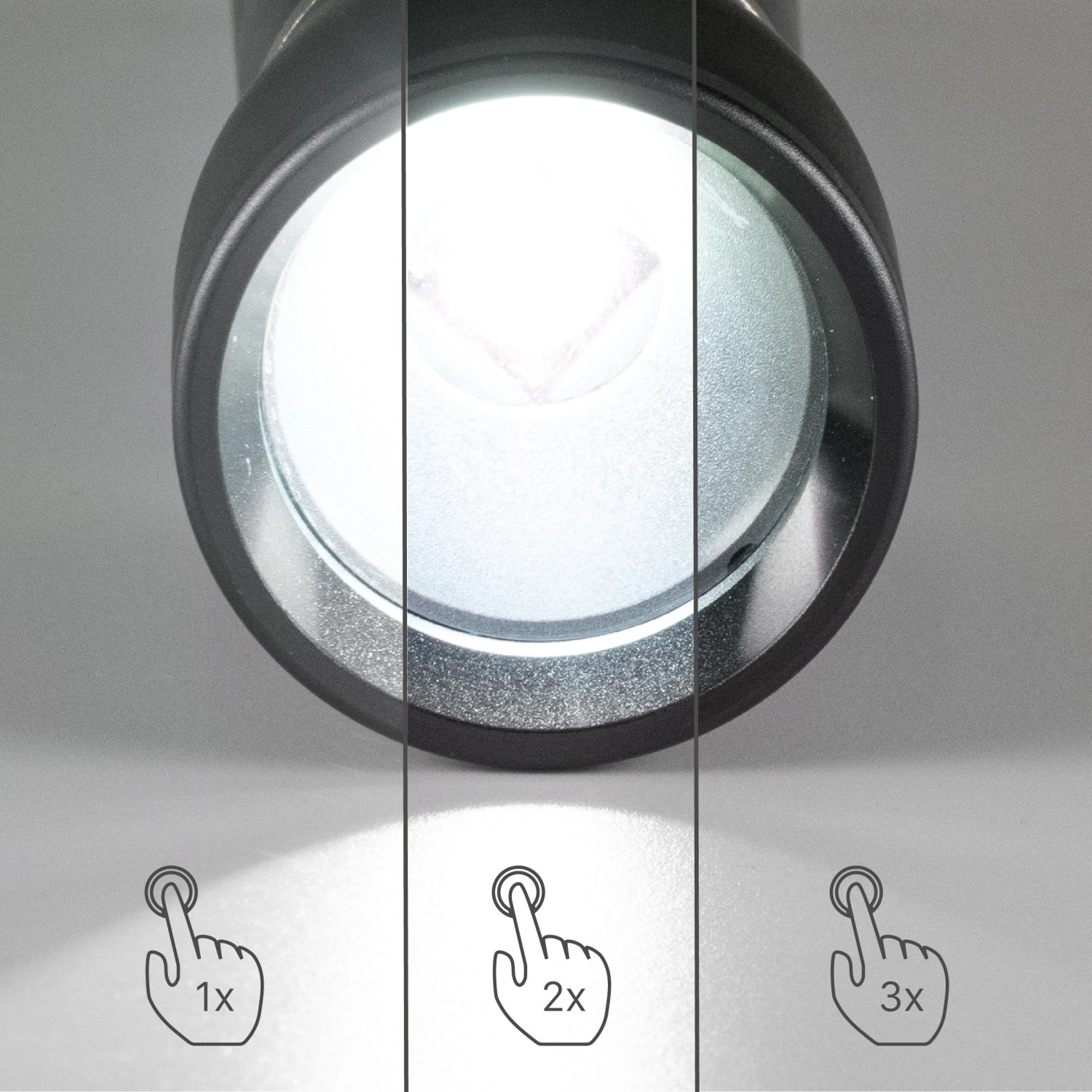 Nahaufnahme: LED's Work Taschenlampe, dimmbar und zoombar, mit Touch-Symbolen für Helligkeitsstufen.