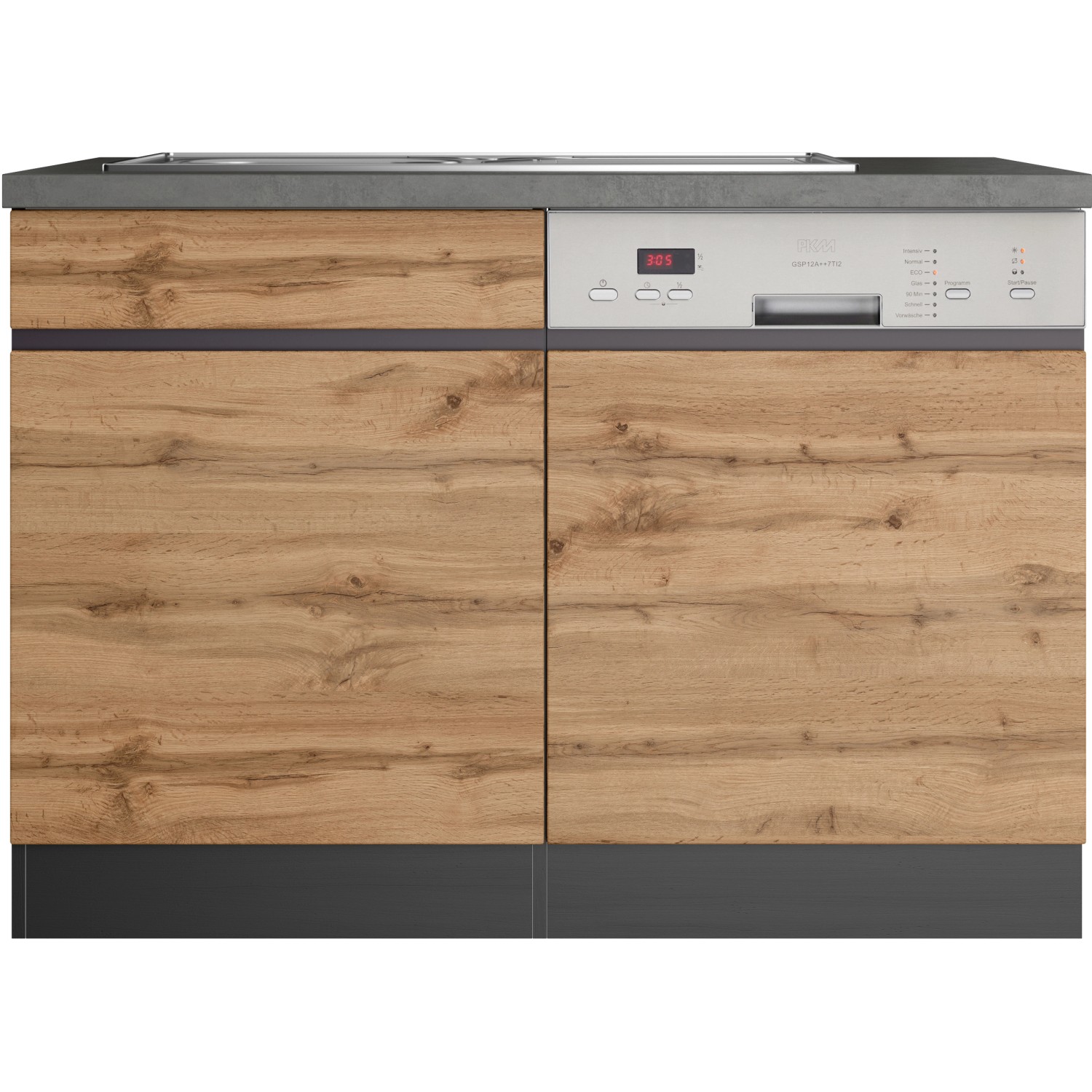 Held Möbel Spülenunterschrank Turin 120 cm, Wotaneiche/Graphit, mit Geschirrspülerblende und Edelstahlspüle.