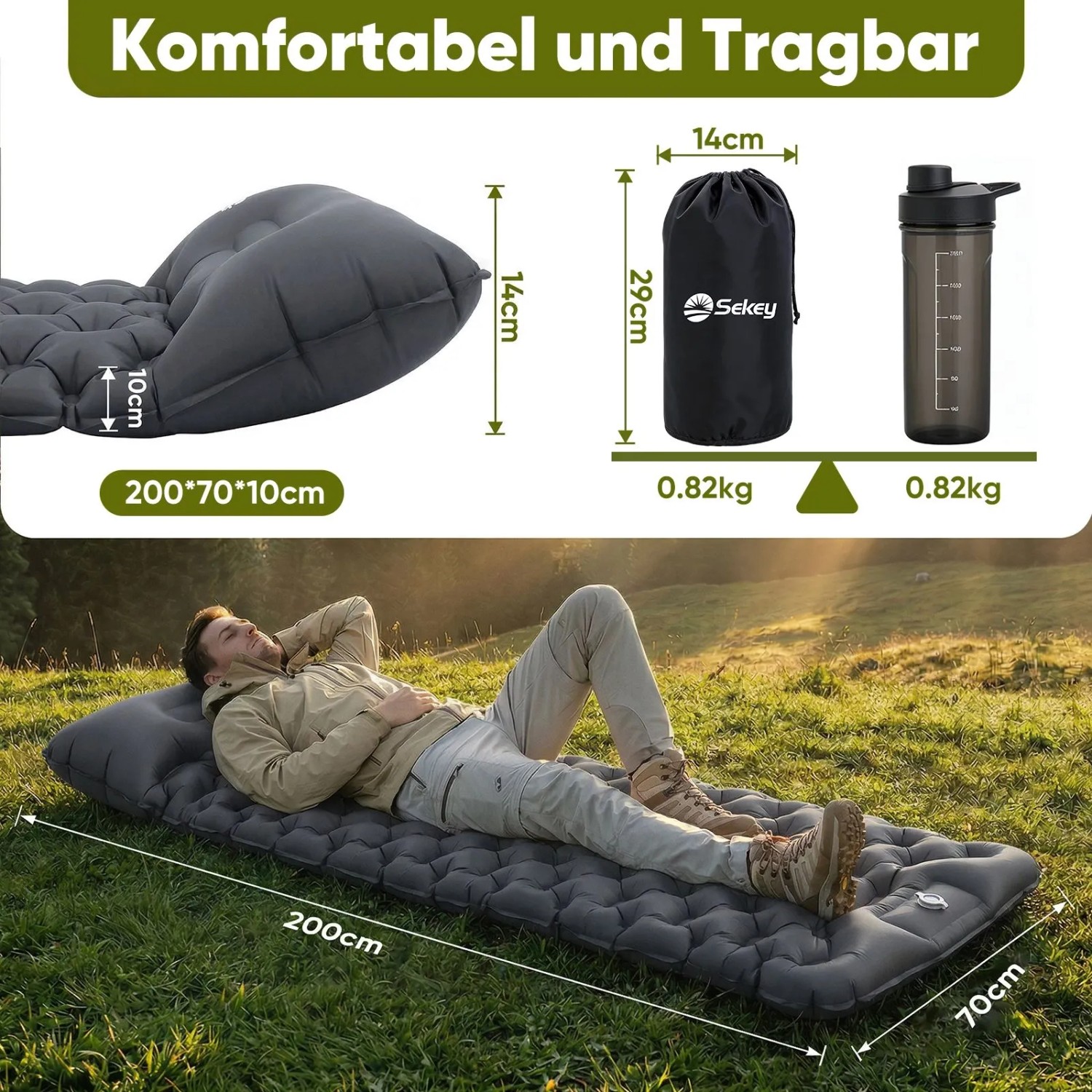 Graue Sekey selbstaufblasende Isomatte 200x70x10cm mit Kissen. Person liegt entspannt auf der Campingmatte im Gras.