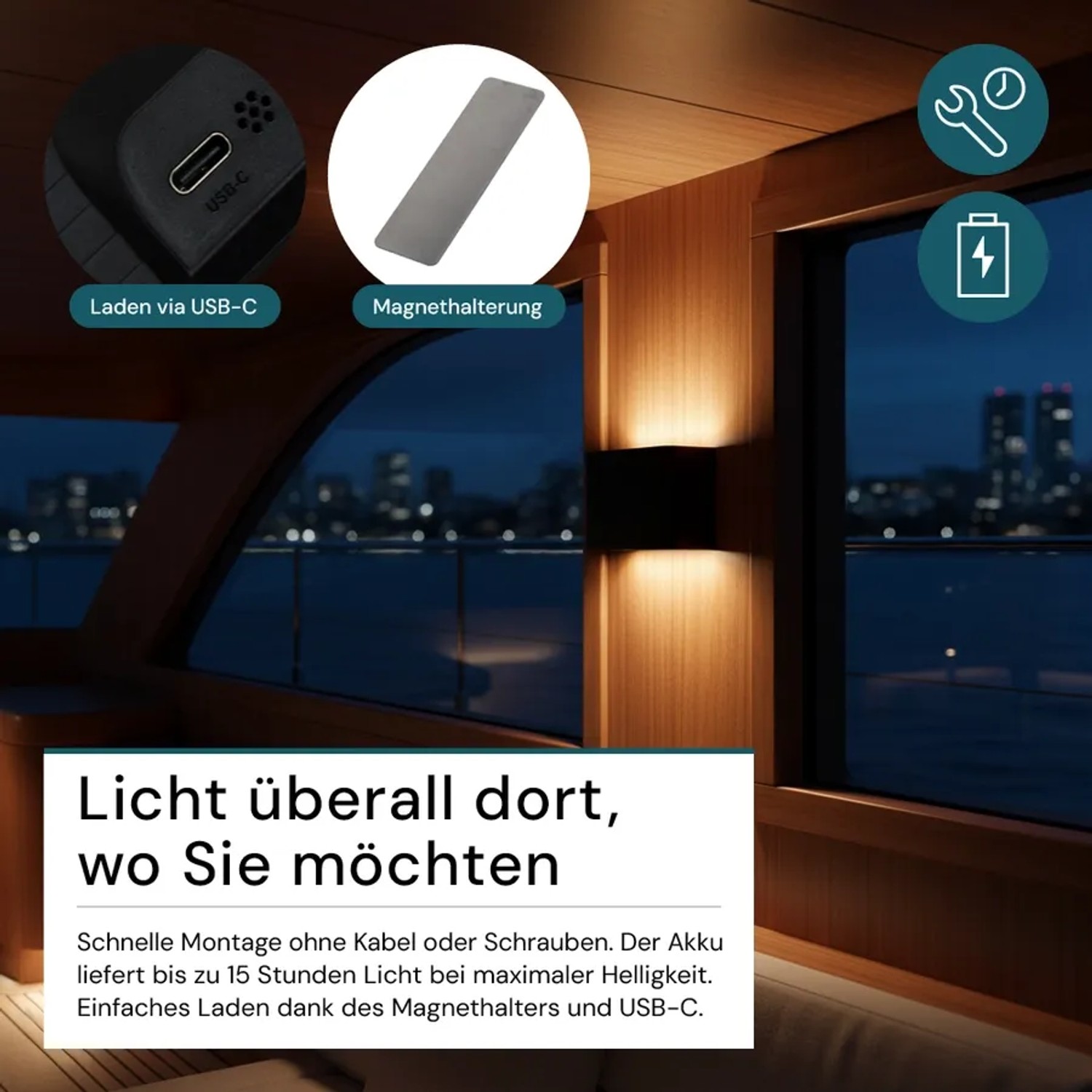 Schwarze LUXULA Akku Wandleuchte mit Up-Downlight, USB-C Ladeanschluss und Magnethalterung.