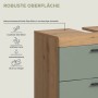 Detailansicht: Waschbeckenunterschrank in Salbei/Eiche mit Schubladen, robuste Oberfläche.