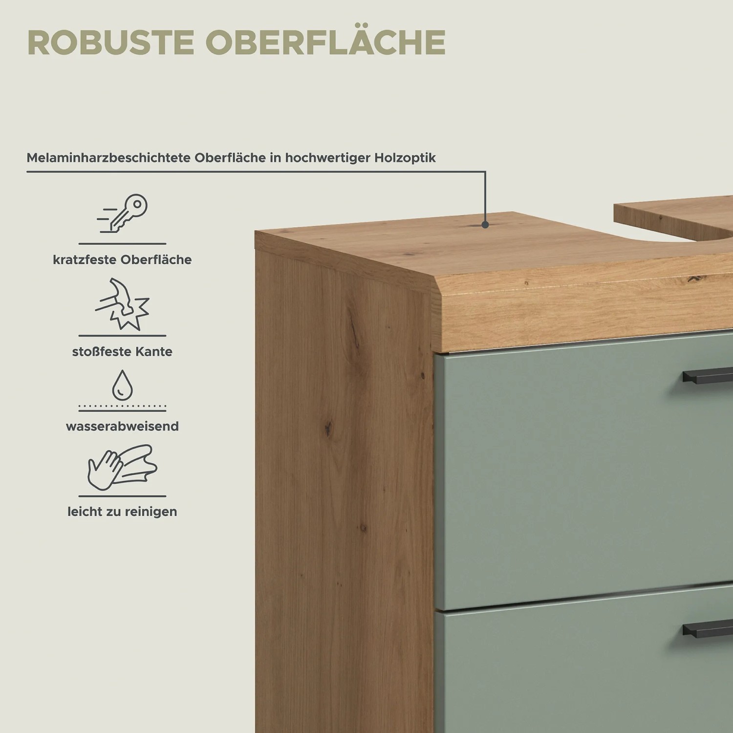 Detailansicht: Waschbeckenunterschrank in Salbei/Eiche mit Schubladen, robuste Oberfläche.