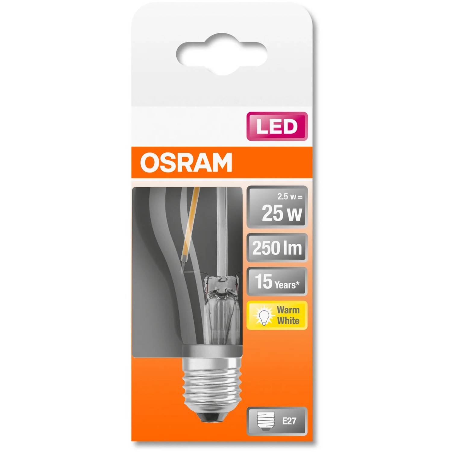 Osram LED-Lampe E27 in Glühlampenform, 2,5W, 250lm, 10,5x6cm. Warmweißes Licht für Wohnräume.