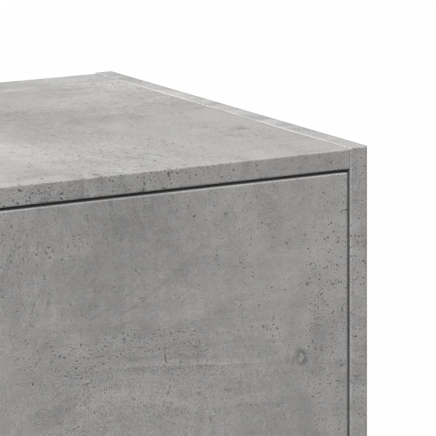 Detailansicht: Betongrauer Apothekerschrank / Wohnzimmerschrank mit Schubladen.