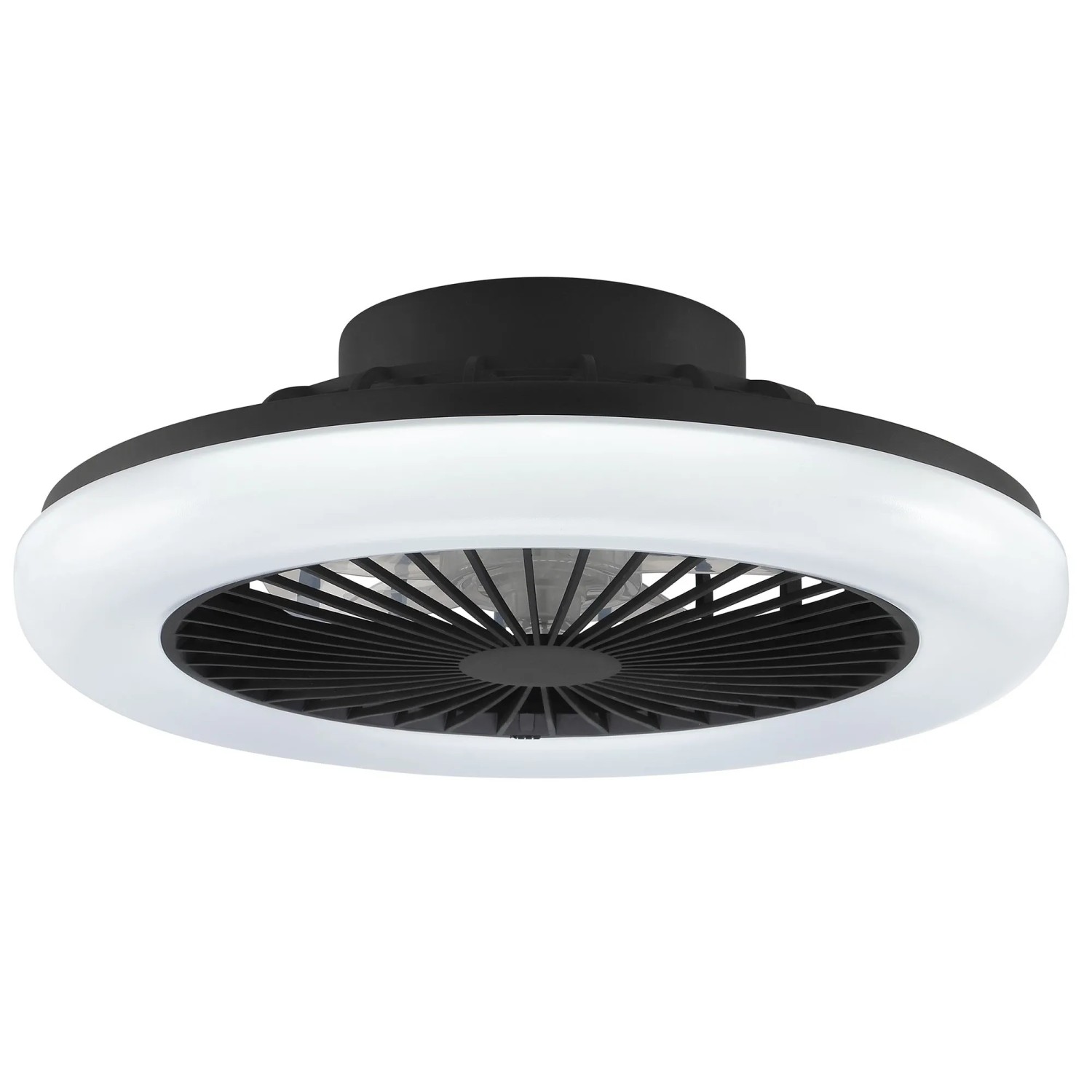 Schwarze LED-Deckenleuchte Montero mit Ventilator, Ø 42 cm. Moderne Deckenlampe mit einstellbarer Lichtfarbe.