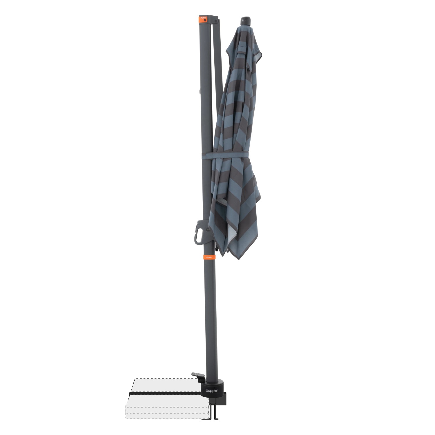 Doppler Pendelschirm myZone AX, 210x210 cm, Blockstreifen blau-grau, mit Standkreuz.