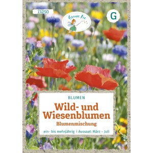Packung Wild- und Wiesenblumen-Samenmischung mit bunten Blüten wie Mohnblumen.