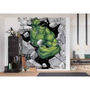 Komar Vliesfototapete Hulk Breaker, Comic-Motiv des grünen Superhelden, der eine Wand durchbricht.
