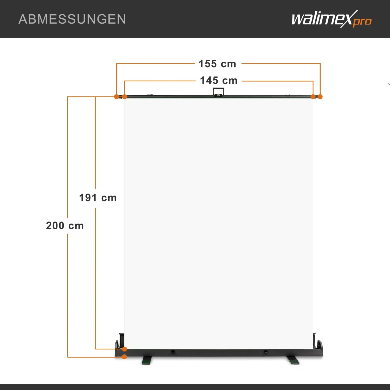 Maße des Walimex Pro Roll-Up Panel Fotohintergrunds weiß, 155x200cm: 155 cm Breite, 200 cm Höhe, 191 cm Panel.