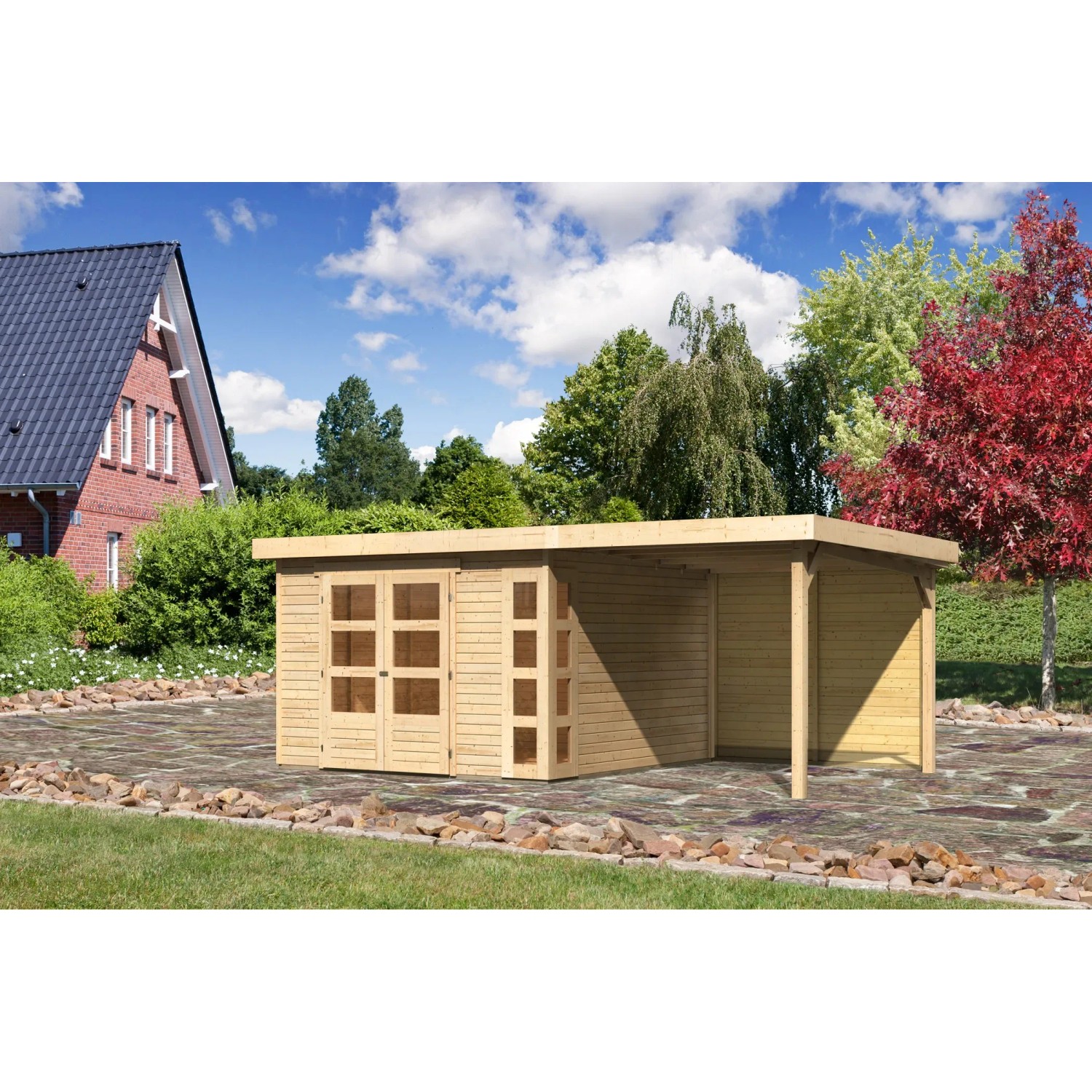 Karibu Gartenhaus Sölve 6, naturbelassen, mit Anbaudach und Rückwand. Holz-Gartenhaus.