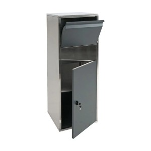 PROREGAL Paketkasten, XL Paketbox aus Edelstahl und Anthrazit, mit geöffneten Klappen und Tür.