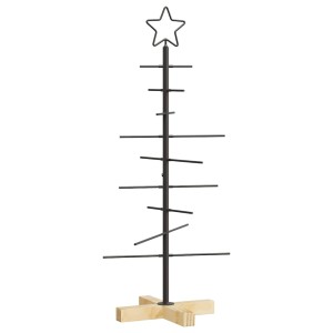 Schwarzer vidaXL Metall Weihnachtsbaum (90 cm) mit Holzfuß.