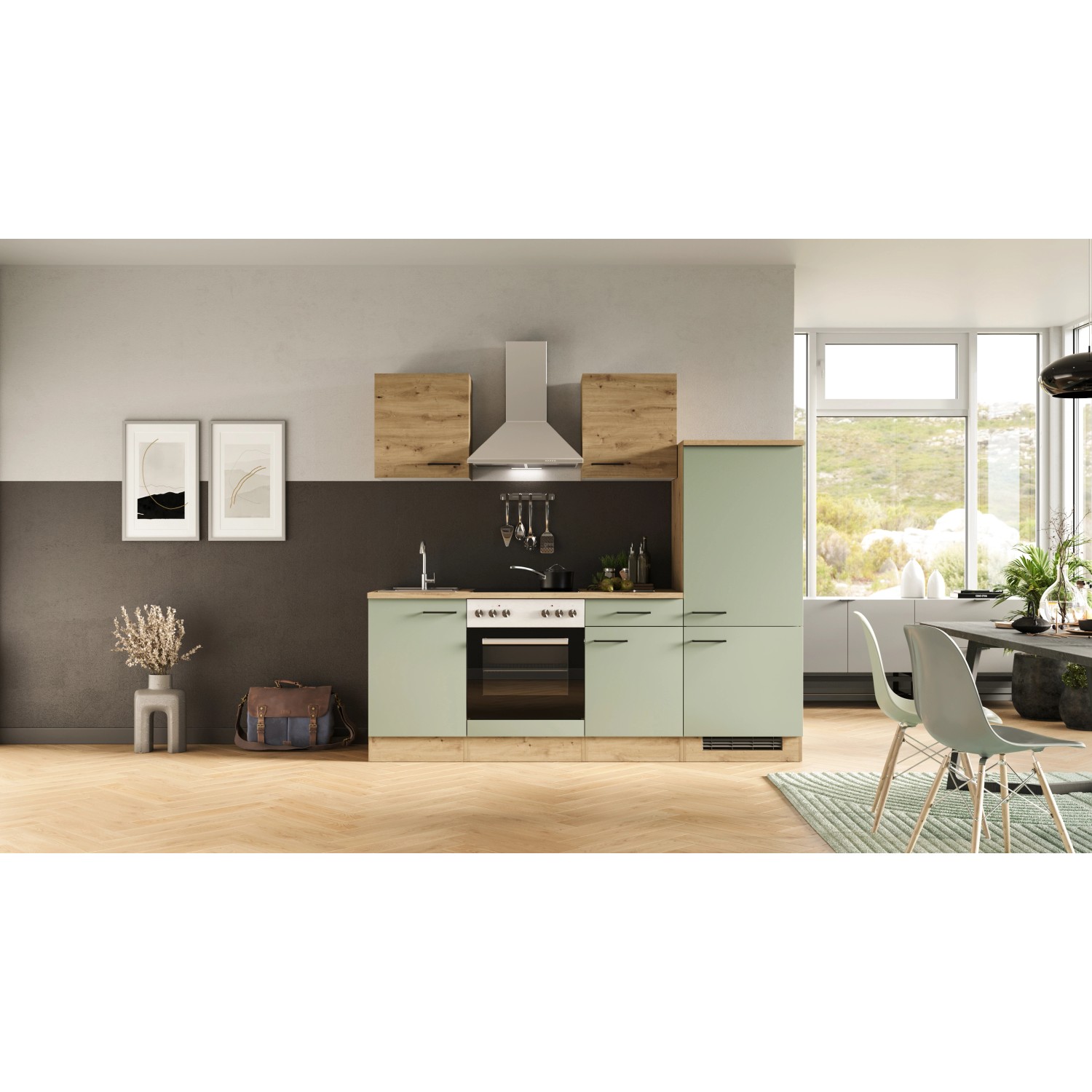 Flex-Well Küche Cara in Schilfgrün/Artisan Eiche, 220 cm breit, mit E-Geräten und Spüle.