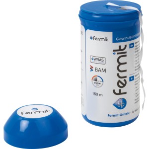 Fermit Gewindedichtfaden PTFE 150m im blauen Spender mit Abdeckung.