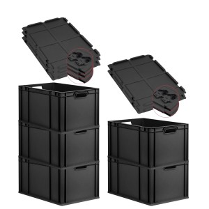 PROREGAL SuperSparSet 5x Eurobox Nextgen Grip Mit Scharnierdeckel Und Schwarzen Verschlüssen HxBxT 32x40x60cm 65 Liter Schwarz Griffe Offen