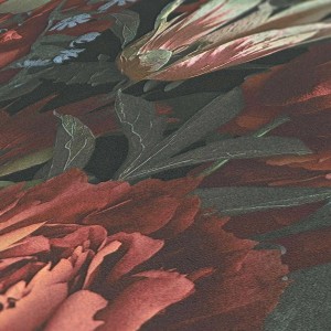 Schwarze Bricoflor Tapete mit roten und grünen Blumen im Vintage-Stil für Wohn- und Schlafzimmer.
