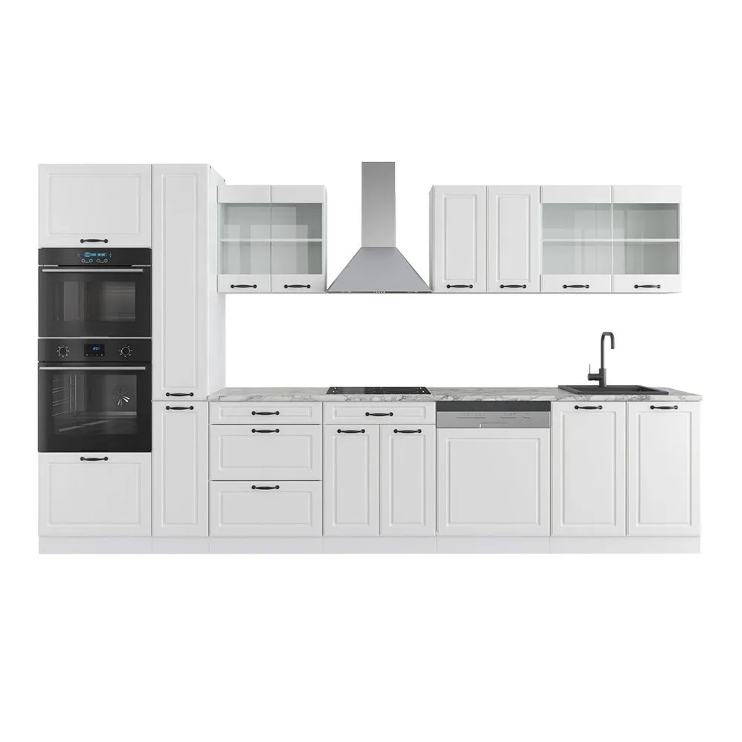 Vicco R-Line Küchenzeile Weiß Landhaus Weiß 350 cm mit Hochschrankohne Arbeitsplatte ohne E-Geräte