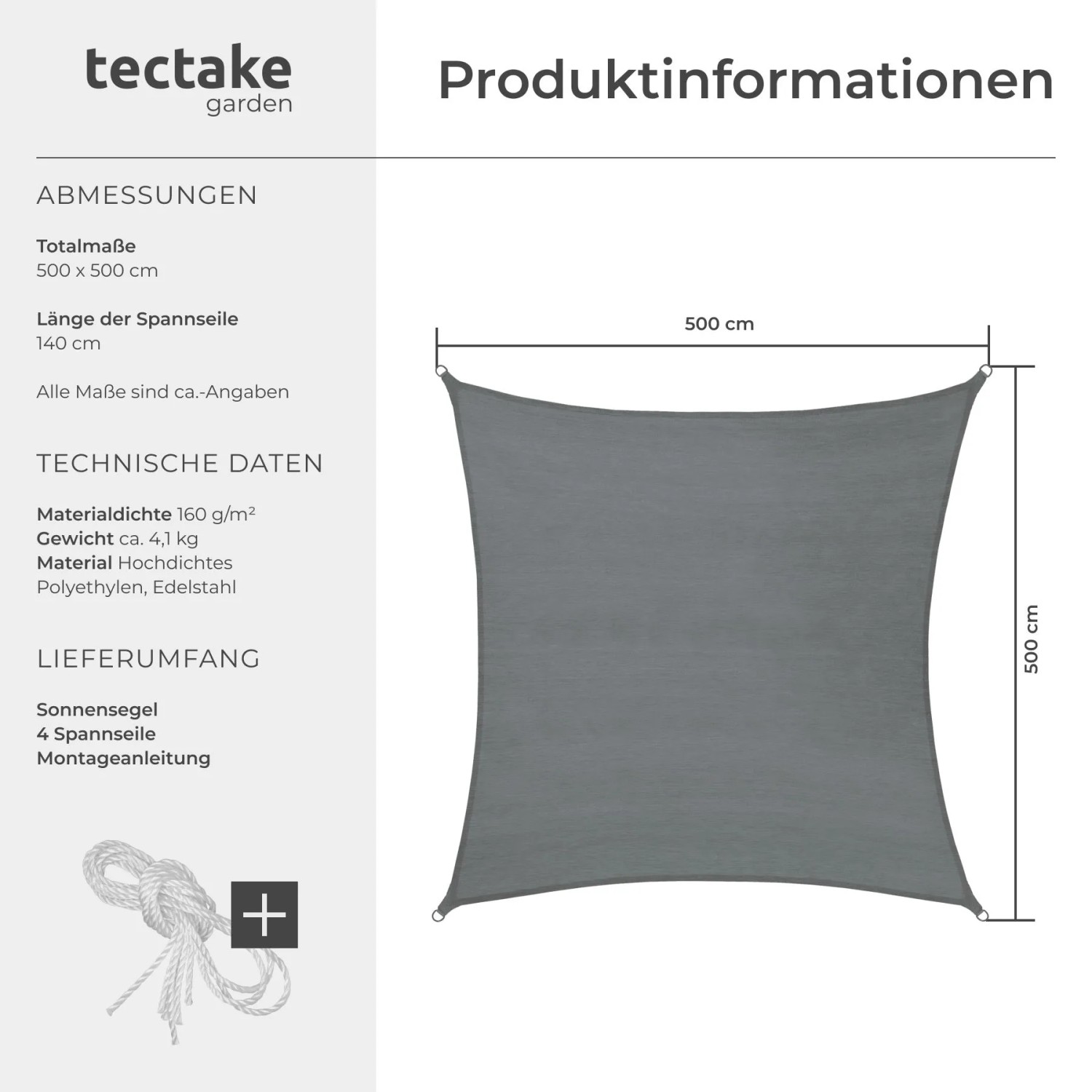 Tectake Sonnensegel  Rechteckig Mit Uv Schutz 50  Für Balkon  Garten und Terrasse 5 x 5 M 500 x 500 x 1 cm Grau_6