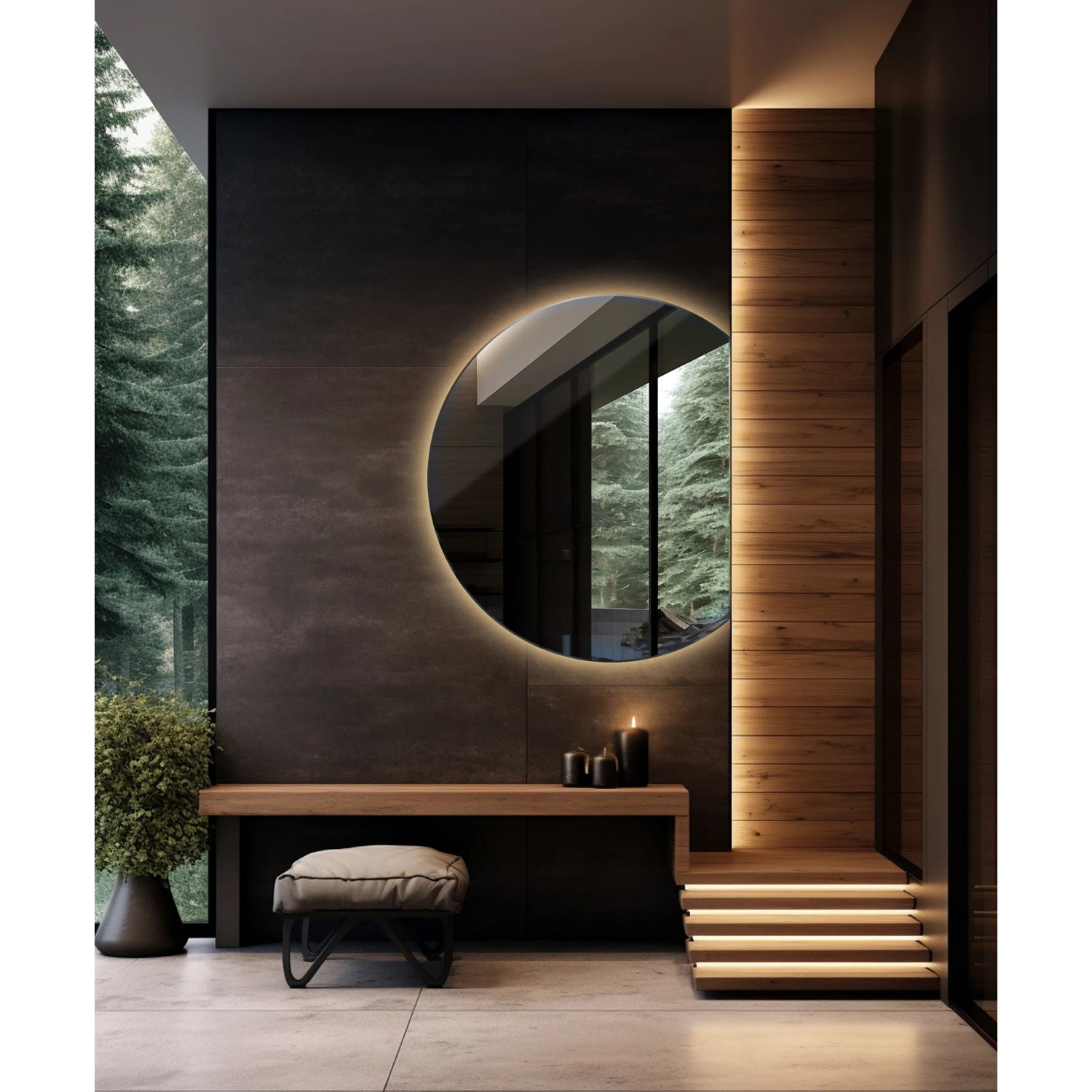 Runder LED-Spiegel mit warmweißem Licht (3000K) an dunkler Wand, reflektiert Wald. Modernes Design für Bad, Schlafzimmer.