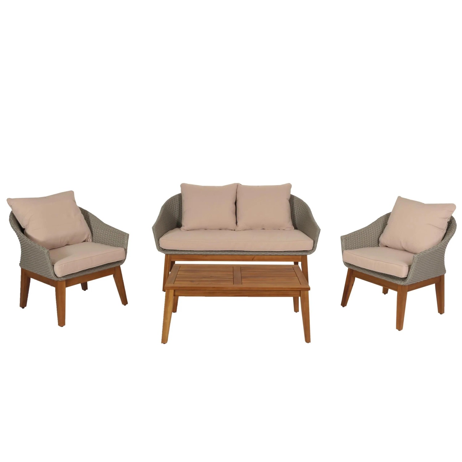 PROREGAL Gartengarnitur Garten-/Lounge-Set Sofa Sitzgruppe Poly-Rattan Holz Akazie Grau Kissen Beige