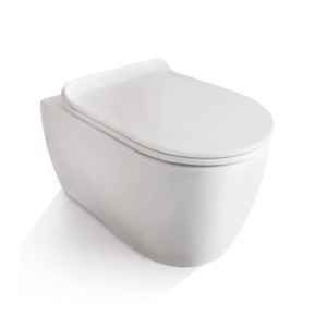 Weißer NEG WC-Sitz SlimLine mit Softclose-Funktion, geschlossen auf einem WC. Modernes, schlankes Design aus Duroplast.