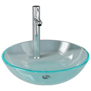 Rundes, transparentes Glaswaschbecken mit Chrom-Armatur und Ablaufgarnitur von vidaXL.