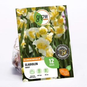 Verpackung GROW by OBI Gladiole "Buggy", weiße und gelbe Blüten, Höhe ca. 100cm.