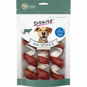 Dokas Kauspirale Entenbrust, 110g, Hunde-Snack aus Entenfleisch und Rinderhaut in Spiralform.