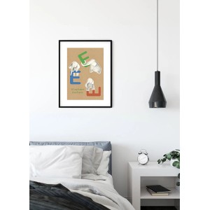 Komar Wandbild ABC Animal E, 40x50 cm, mit Elefanten und bunten Buchstaben auf braunem Hintergrund.