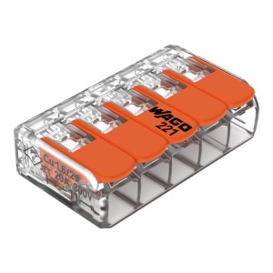 Wago Hebelklemme Compact 221-415, 5-polig, 10er-Pack. Verbindungsklemme mit orangenen Hebeln.