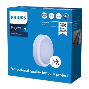 Verpackung der Philips Projectline Wandleuchte mit Sensor, 15W, 4000K, IP54, Ø 18,2 cm.