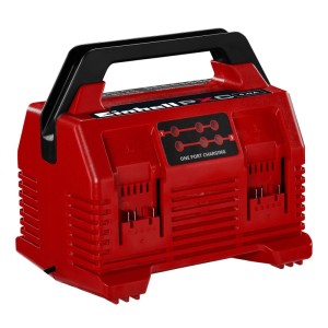 Rotes Einhell Power X-Quattrocharger 4 A Ladegerät für Power X-Change Akkus. Lädt 2 Akkus gleichzeitig. Mit Tragegriff.