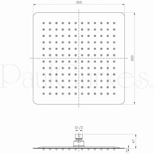 Technische Zeichnung: PaulGurkes Regendusche eckig, 30x30 cm, mit Maßen. Brauseset Detailansicht.