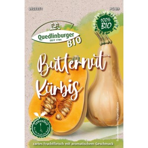 Samenpackung Quedlinburger Bio-Butternut-Kürbis mit Abbildung einer halben und einer ganzen Frucht.