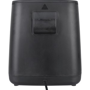 Schwarze Heißluftfritteuse (4,5 l, 1400 W) von hinten, Detailaufnahme des Gehäuses.