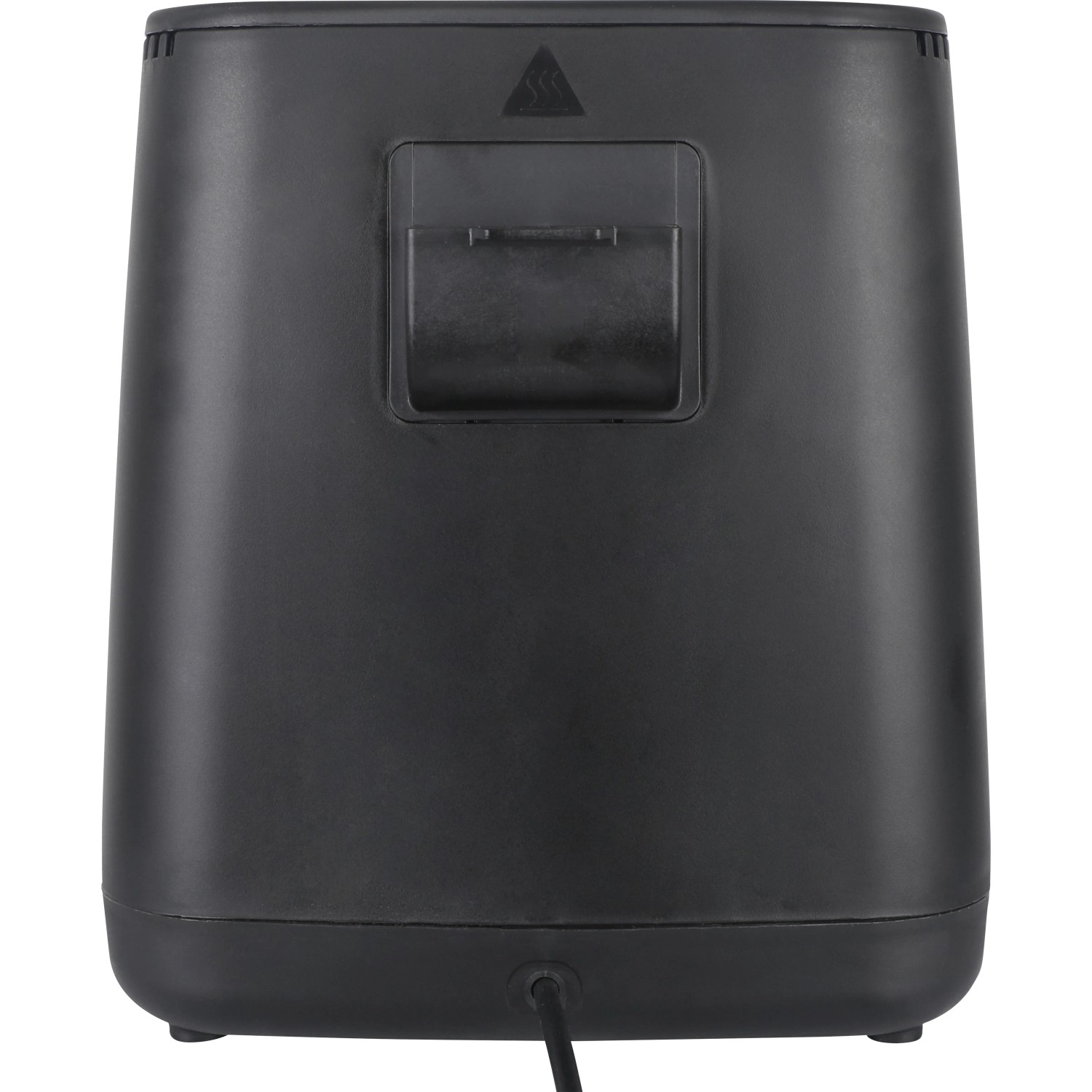 Schwarze Heißluftfritteuse (4,5 l, 1400 W) von hinten, Detailaufnahme des Gehäuses.