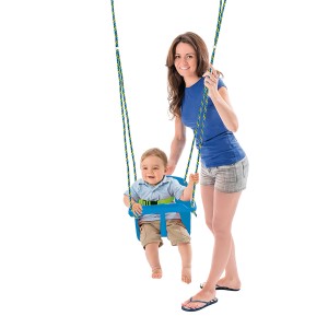 Blau-grüne Happy People Babyschaukel aus Kunststoff mit Kind und Erwachsenem. Tragkraft 40 kg.