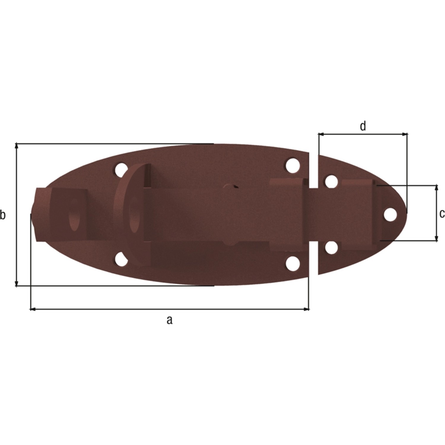 Duravis Schlossriegel, rostbraun, mit flachem Griff. Stahl, duplexbeschichtet, 90x44x41 mm.