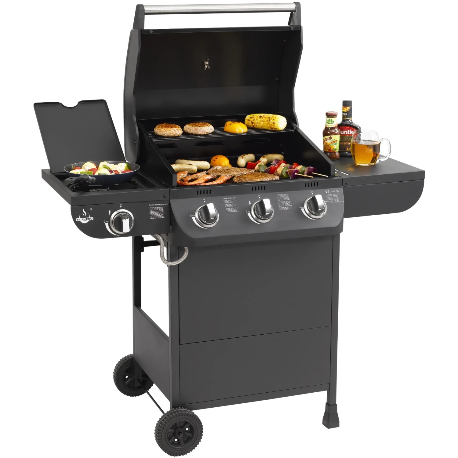 El Fuego Gasgrill Columbus mit 3 Brennern und Seitenkocher, Grillgut auf dem Rost.