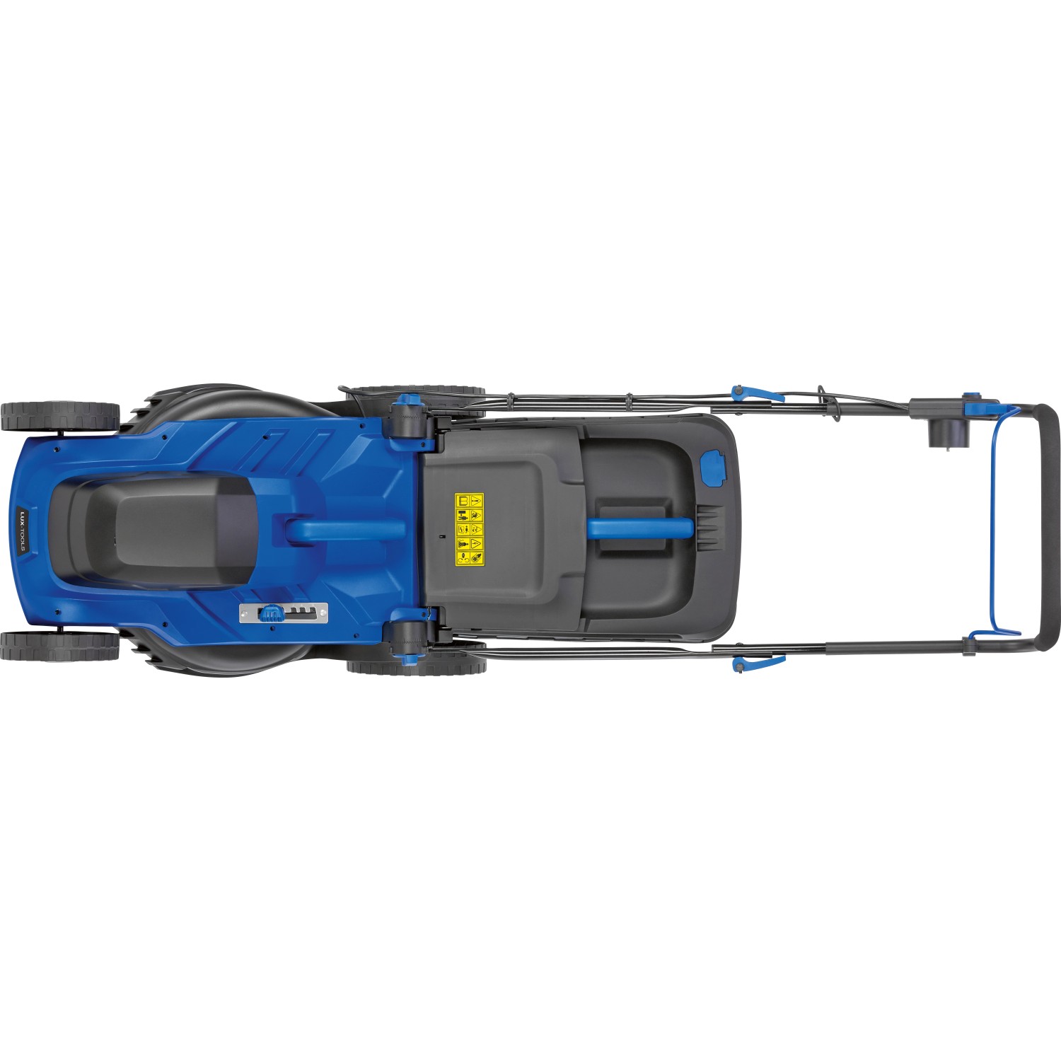 Blauer LUX-TOOLS Elektro-Rasenmäher E-RM-1800/43, Ansicht von oben.