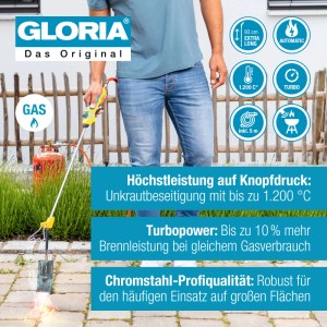 Gloria Thermoflamm bio Professional E+ Turbo Set Unkrautbrenner mit Gasflasche im Einsatz.