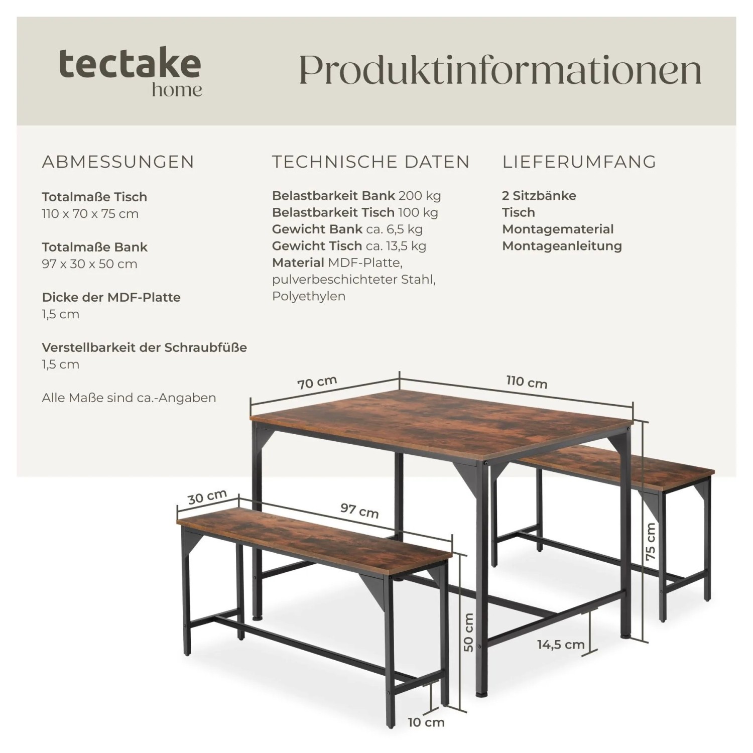 Tectake Sitzgruppe Bolton 3 Teilig Esstisch Mit 2 Sitzbänken  100 x 130 x 75 cm Industrial Holz Dunkel  Rustikal_6