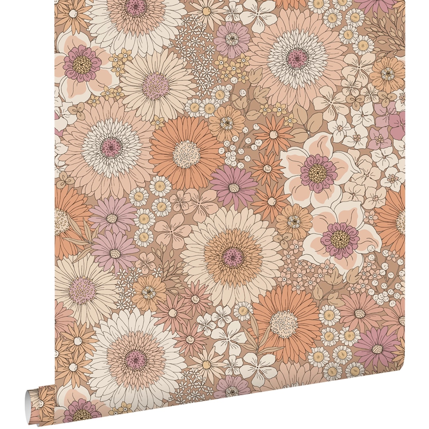 ESTAhome Tapete Retro Blumen Terrakotta Lila und Weiß 50 x 900 cm günstig online kaufen