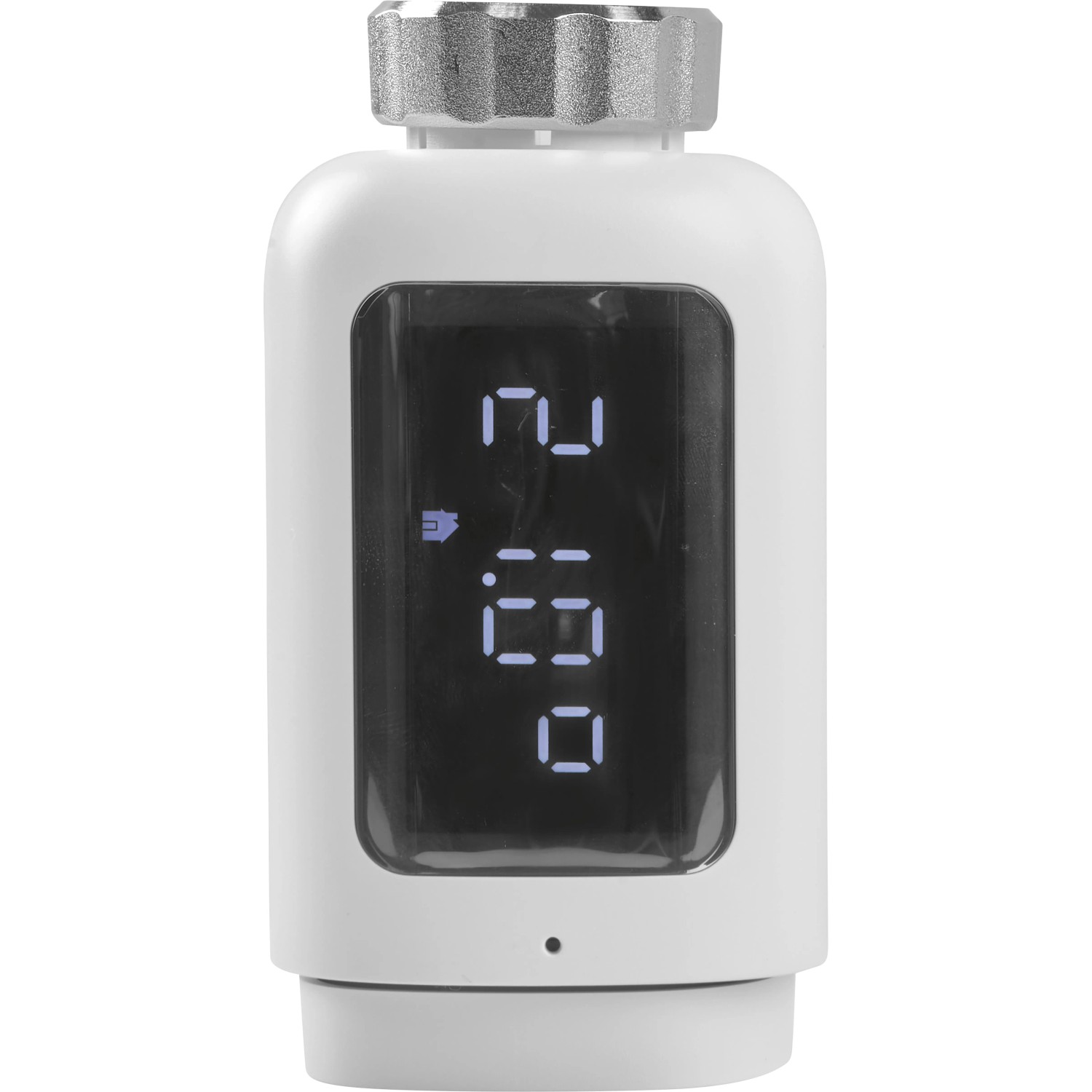Elektrisches Thermostatventil HeimSync Bluetooth in Weiß mit Display zur Heizungs-Installation.